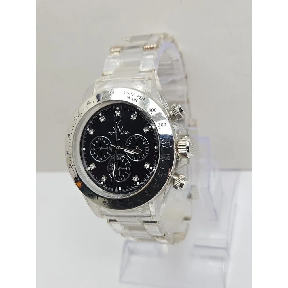 ToyWatch Unisex Black Mother Of Pearl Chronograph Clear Watch New Battery